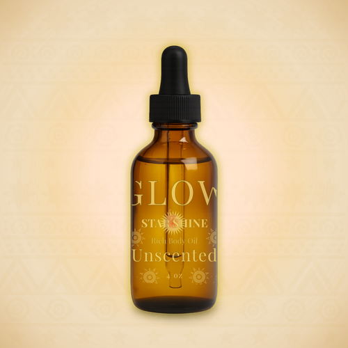 Amber glass bottle with dropper labeled 'GLOW Sunshine Unscented' on a beige background