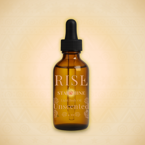 Brown glass bottle with dropper labeled 'RISE' on a beige background