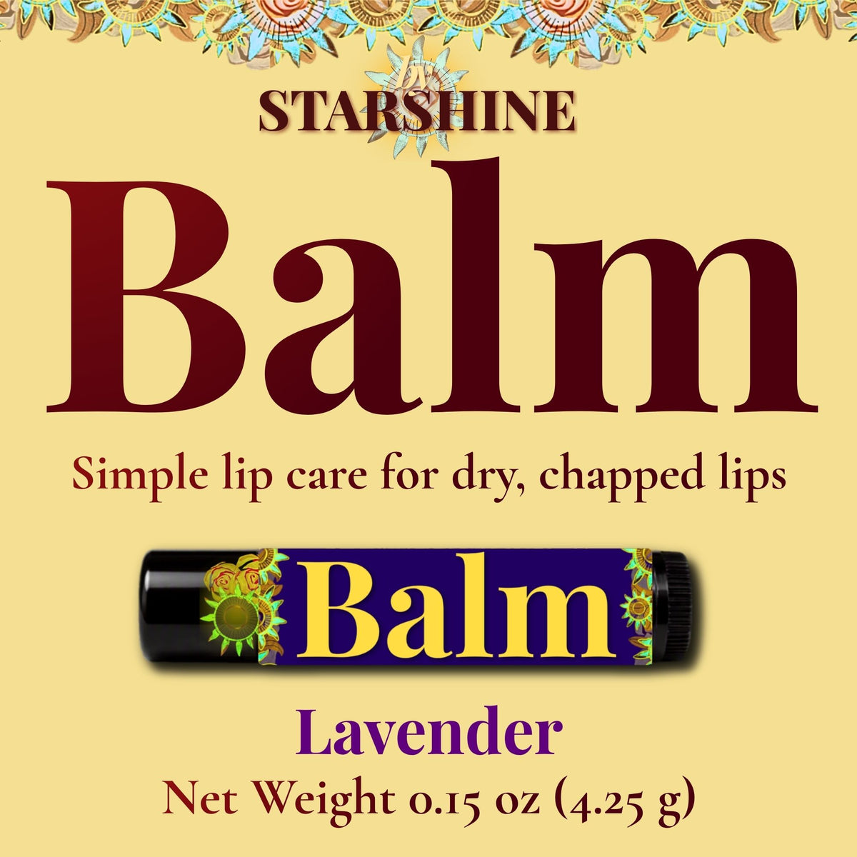 Bystarshine Balm lavender lip balm packaging graphic on a pale yellow background, showing a black tube with a purple label and decorative sunflower motifs.