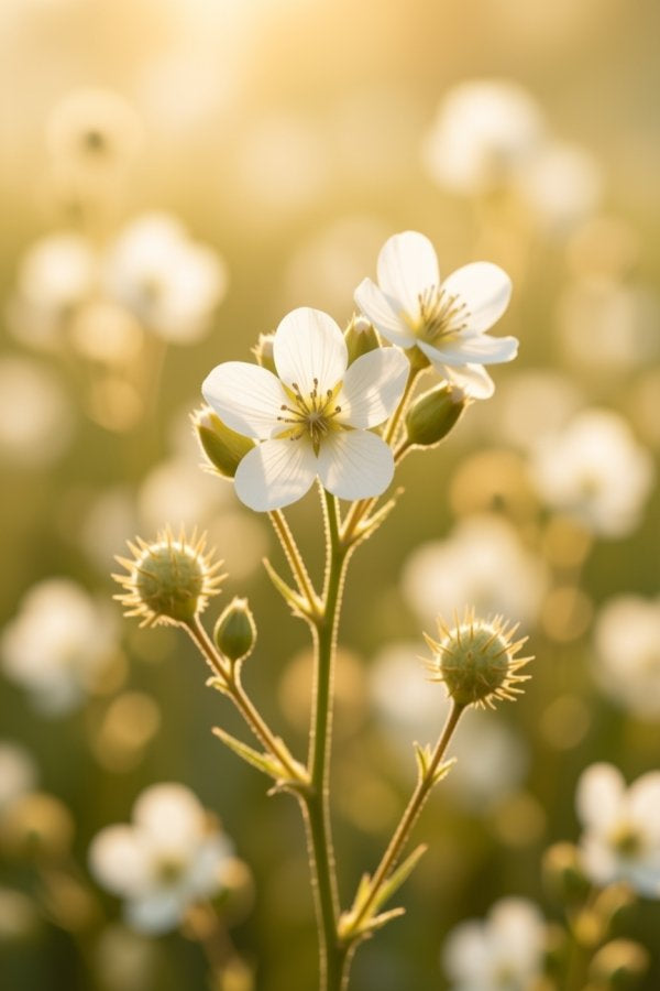 a meadowfoam seed plant with a blurred floral background bystarshine