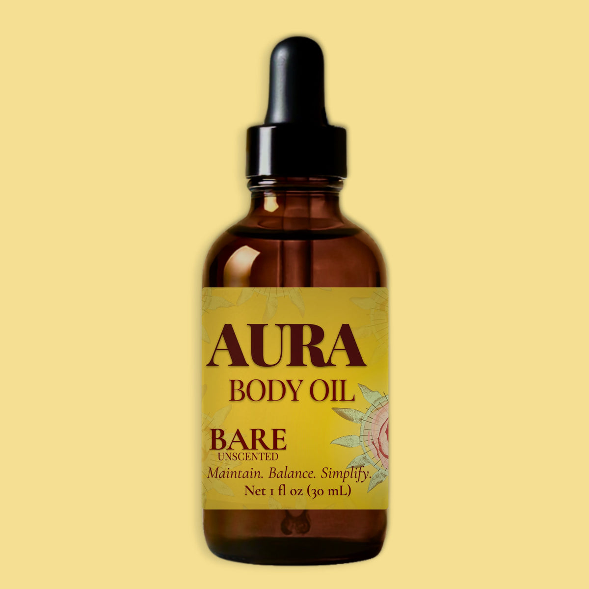 A 1 fl oz amber glass dropper bottle of Aura Body Oil, Bare Unscented, centered against a solid pale yellow background.