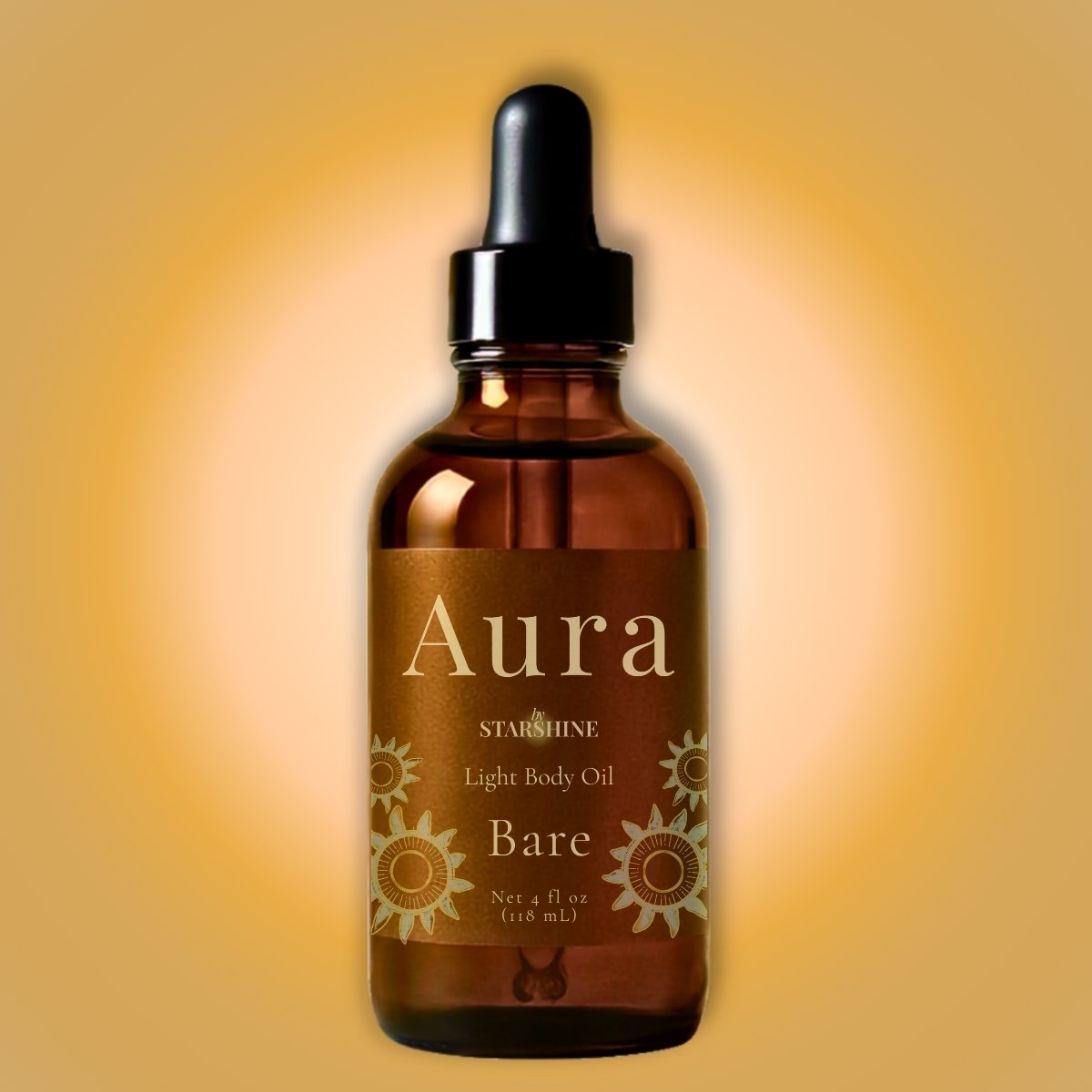 A 4 fl oz amber glass dropper bottle of Aura Starshine Light Body Oil unscented, featuring a black dropper cap and a brown label with gold sunflower illustrations, set against a warm yellow gradient background.