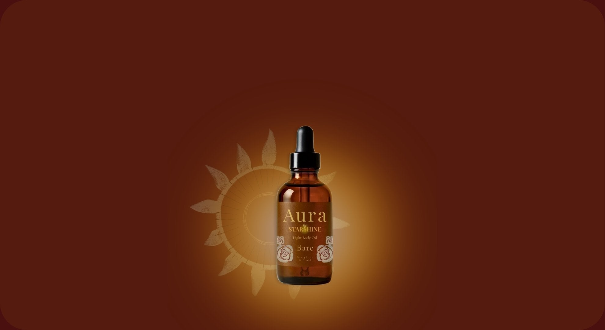 brown dropper bottle body oil says "aura" with glow behind it on dark red background