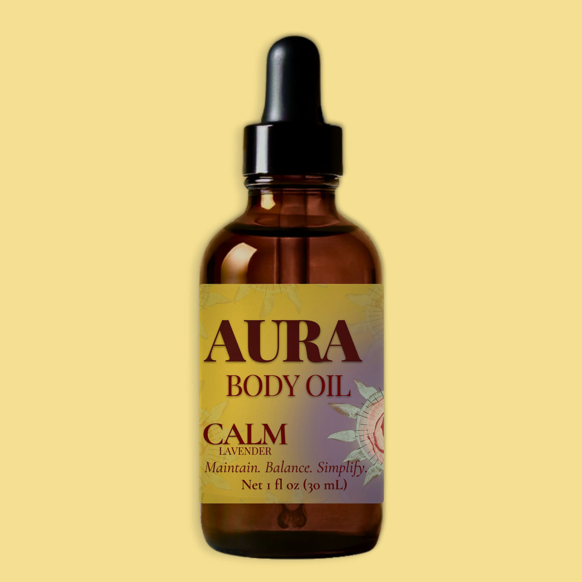 A 1 fl oz amber glass dropper bottle of Aura Body Oil, Calm Lavender, centered against a solid pale yellow background.