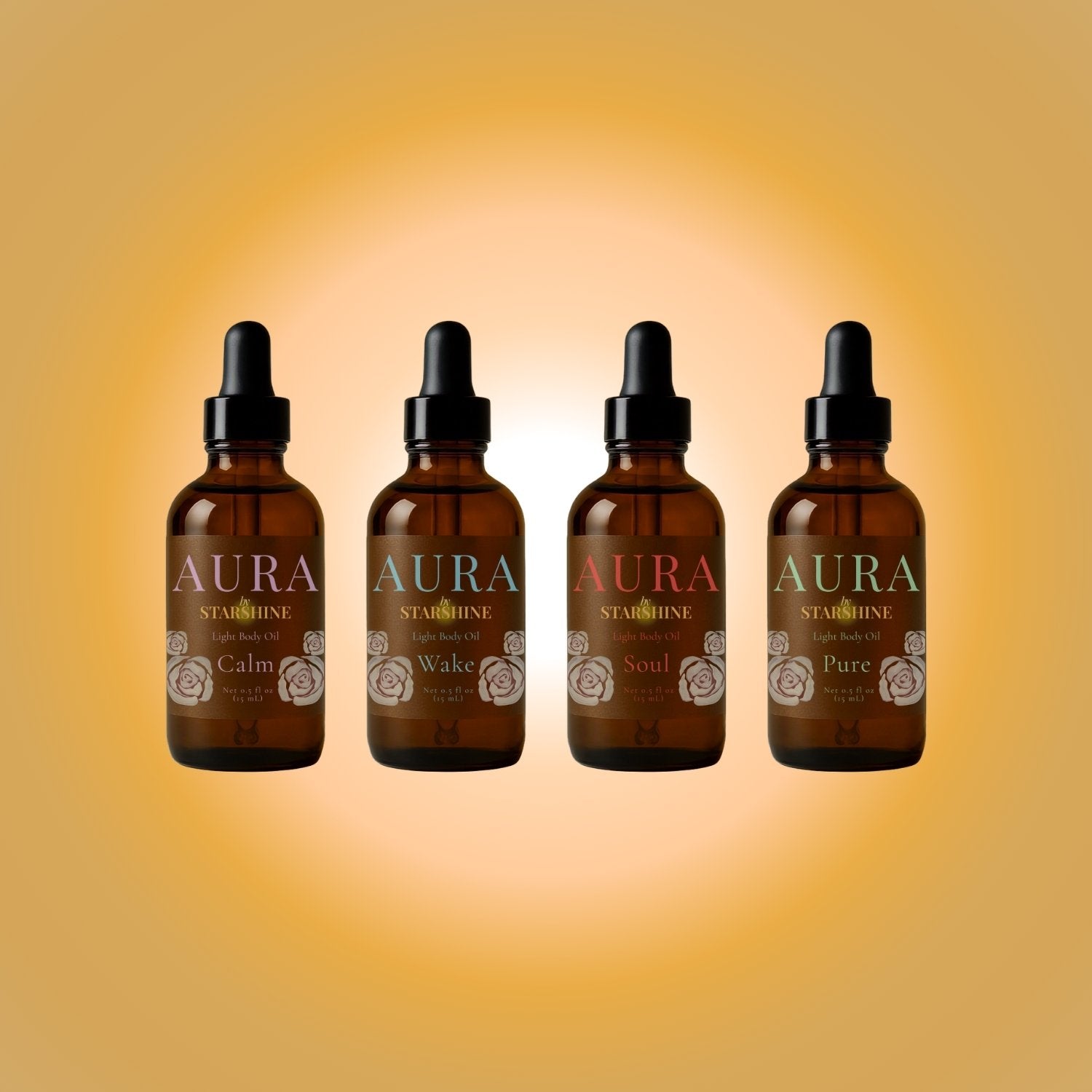Four AURA Starshine dropper bottles on a gradient yellow background