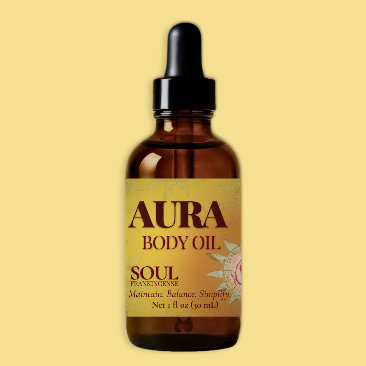 A 1 fl oz amber glass dropper bottle of Aura Body Oil, Soul Frankincense, centered against a solid pale yellow background.
