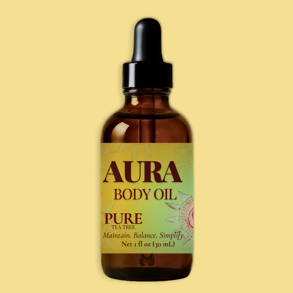 A 1 fl oz amber glass dropper bottle of Aura Body Oil, Pure Tea Tree, centered against a solid pale yellow background.