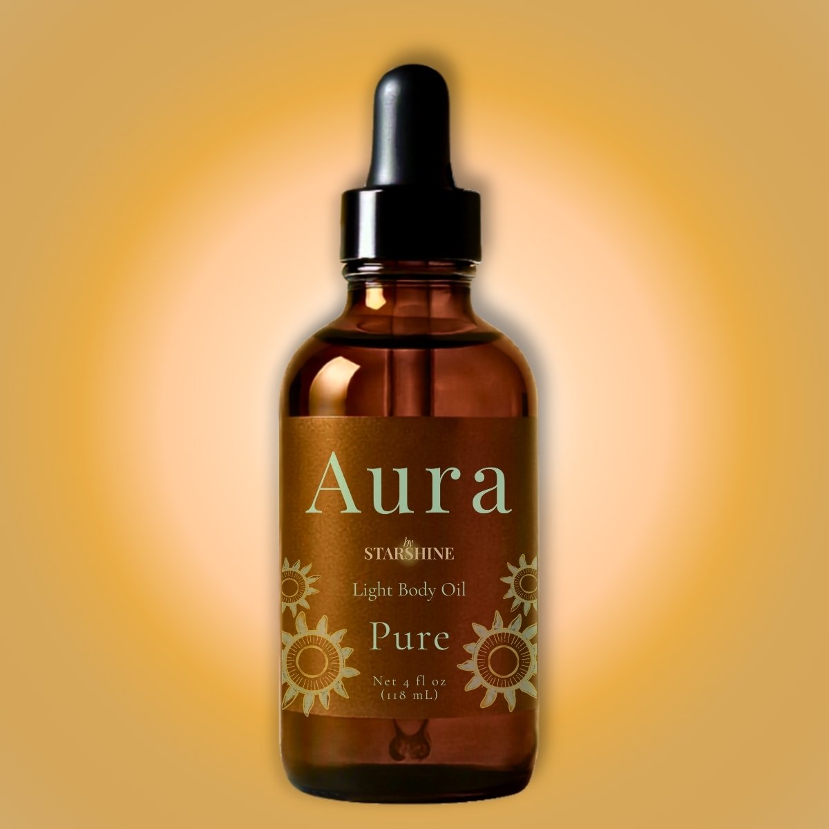 A 4 fl oz amber glass dropper bottle of Aura Starshine Pure Light Body Oil Tea tree scented, centered against a warm yellow and orange gradient background.