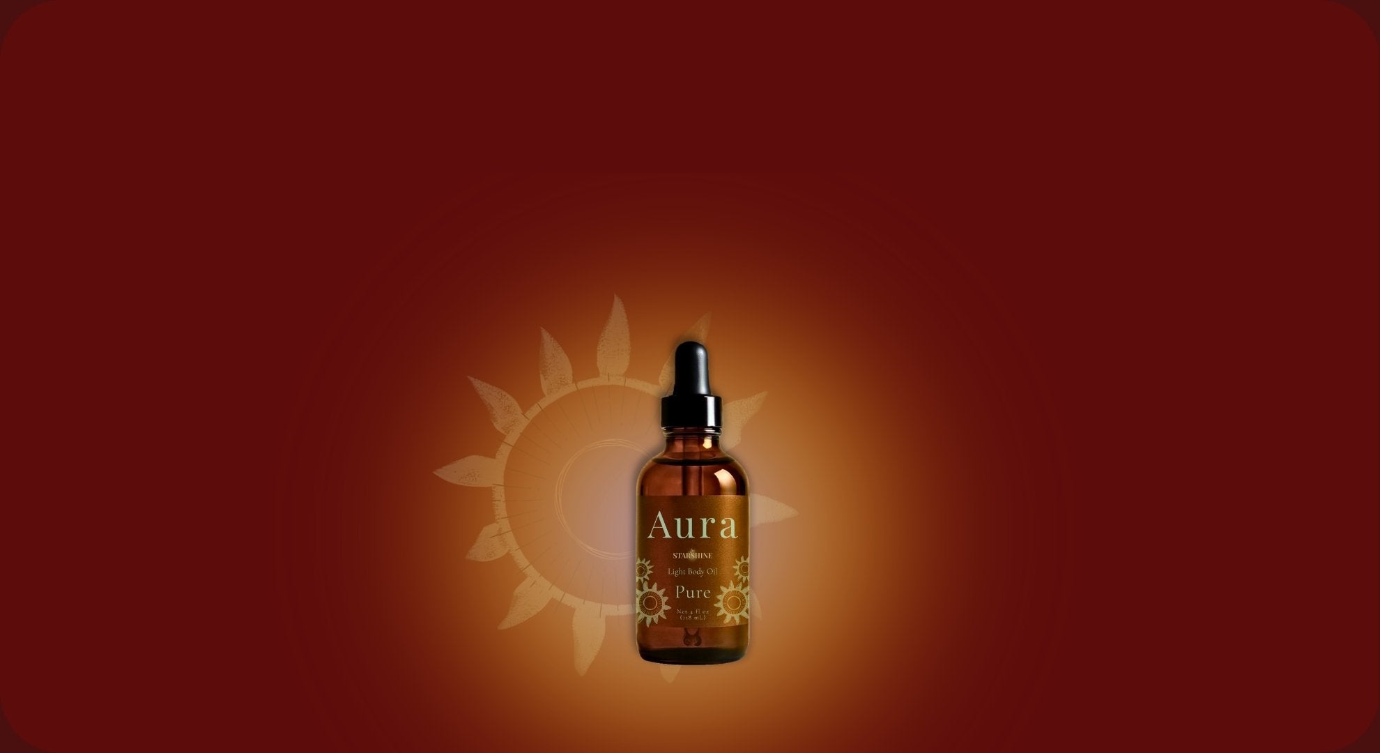 A small amber glass dropper bottle labeled 'Aura Pure Tea Tree' centered on a dark red background with a glowing sun motif behind it.