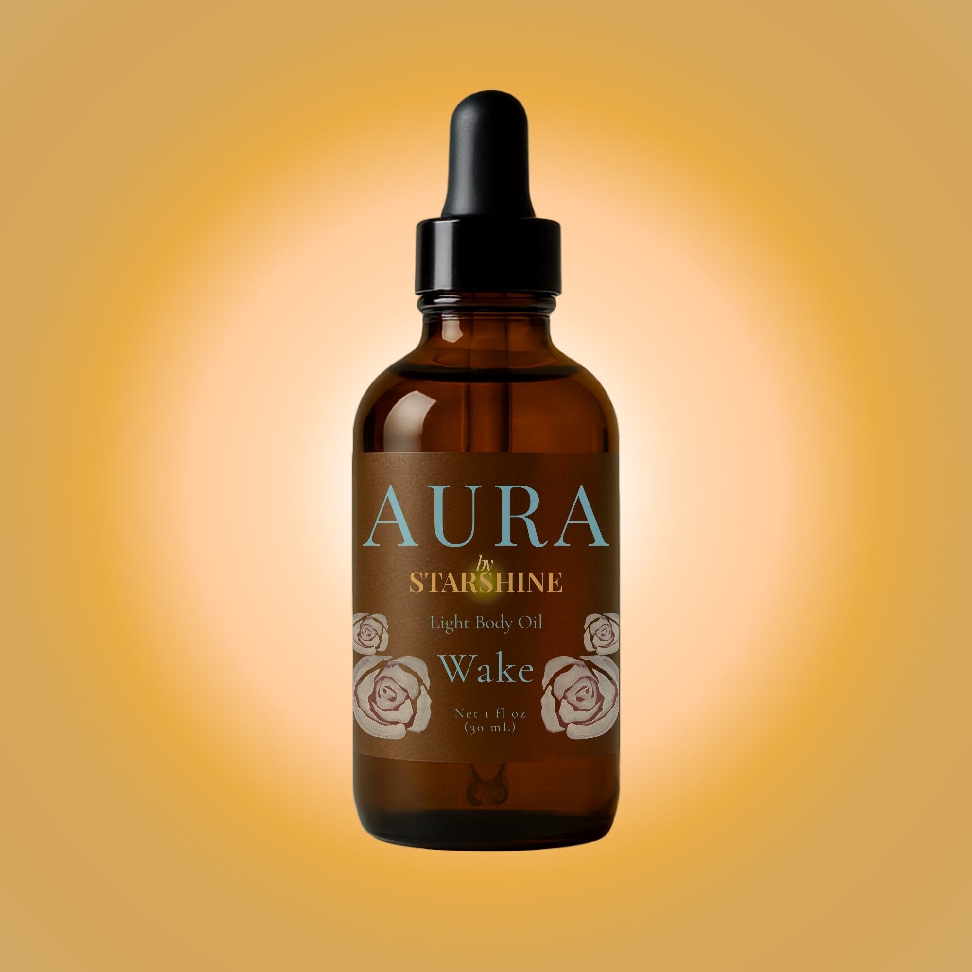 Brown bottle of Aura by Starshine Calm body oil on a gradient background