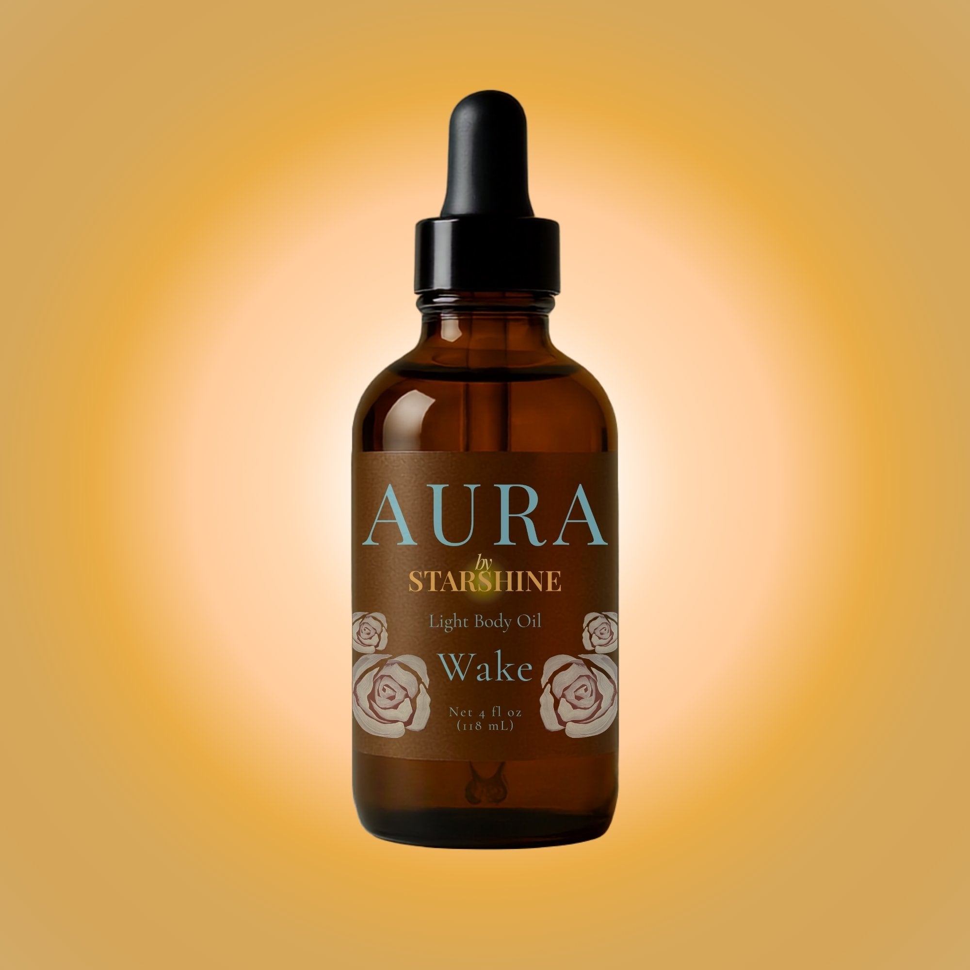 Brown glass bottle with dropper labeled 'Aura by Starshine' on a gradient orange background