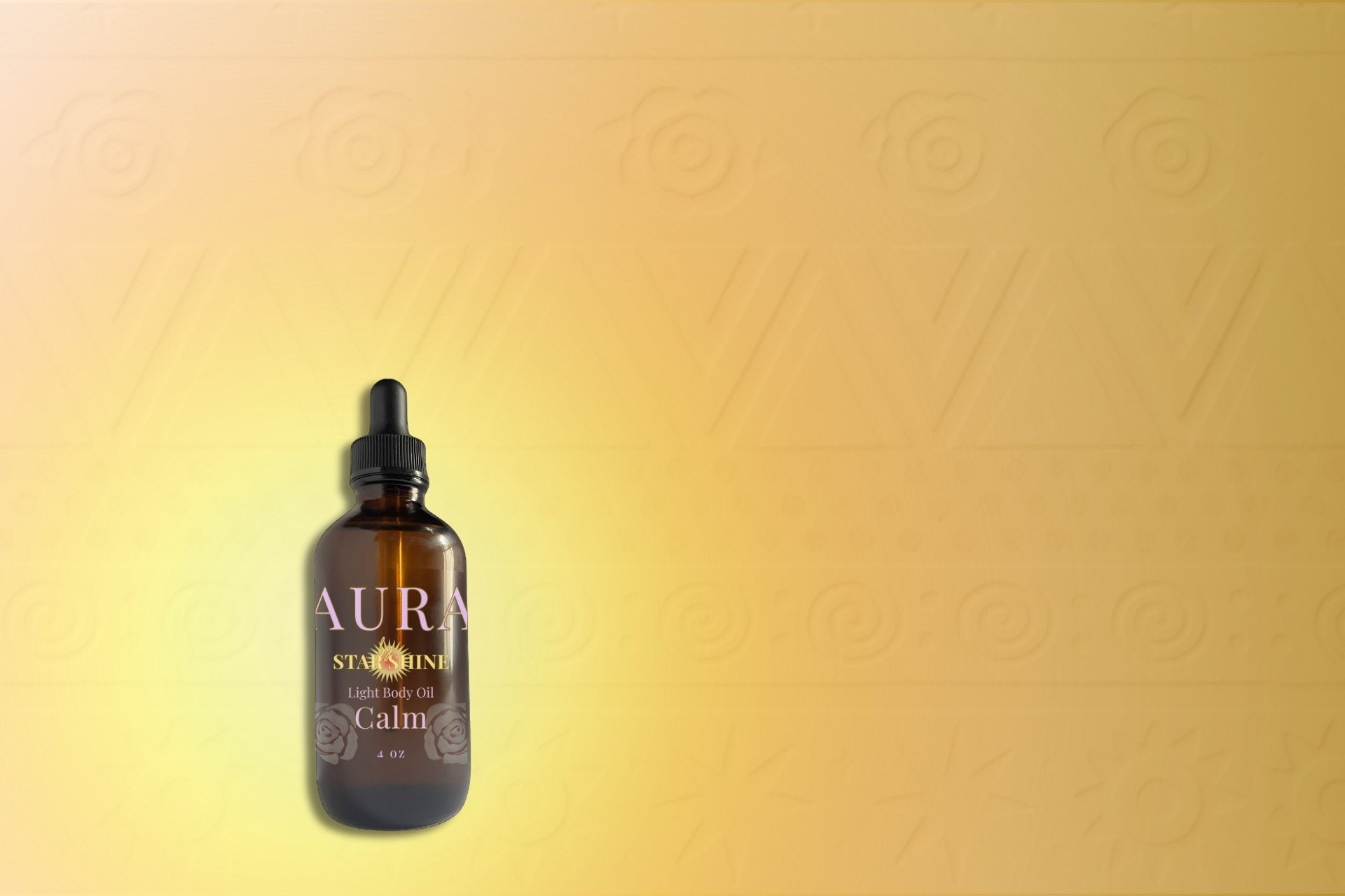 Bottle of Aura Starshine Light Body Oil on a gradient yellow background