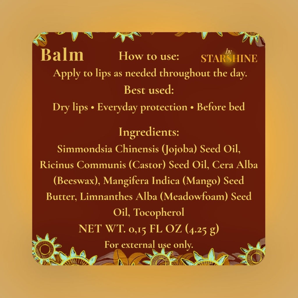 A square informational card with rounded corners on a warm beige background, showing product text for a lip balm. The card is dark reddish brown with cream text and decorative floral illustrations in green, yellow, and white along the top and bottom borders.