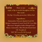 A square informational card with rounded corners on a warm beige background, showing product text for a lip balm. The card is dark reddish brown with cream text and decorative floral illustrations in green, yellow, and white along the top and bottom borders.