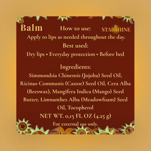 A square informational card with rounded corners on a warm beige background, showing product text for a lip balm. The card is dark reddish brown with cream text and decorative floral illustrations in green, yellow, and white along the top and bottom borders.