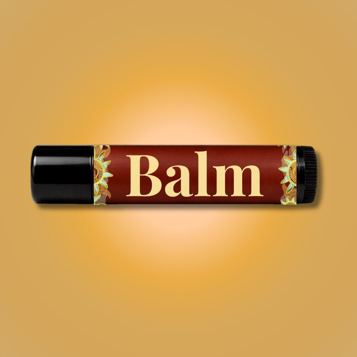 a black tube with a red label and floral imagery that says 'Balm' on it against a cream background.