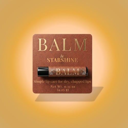 Lip balm packaging with 'BALM by Starshine' on a gradient background
