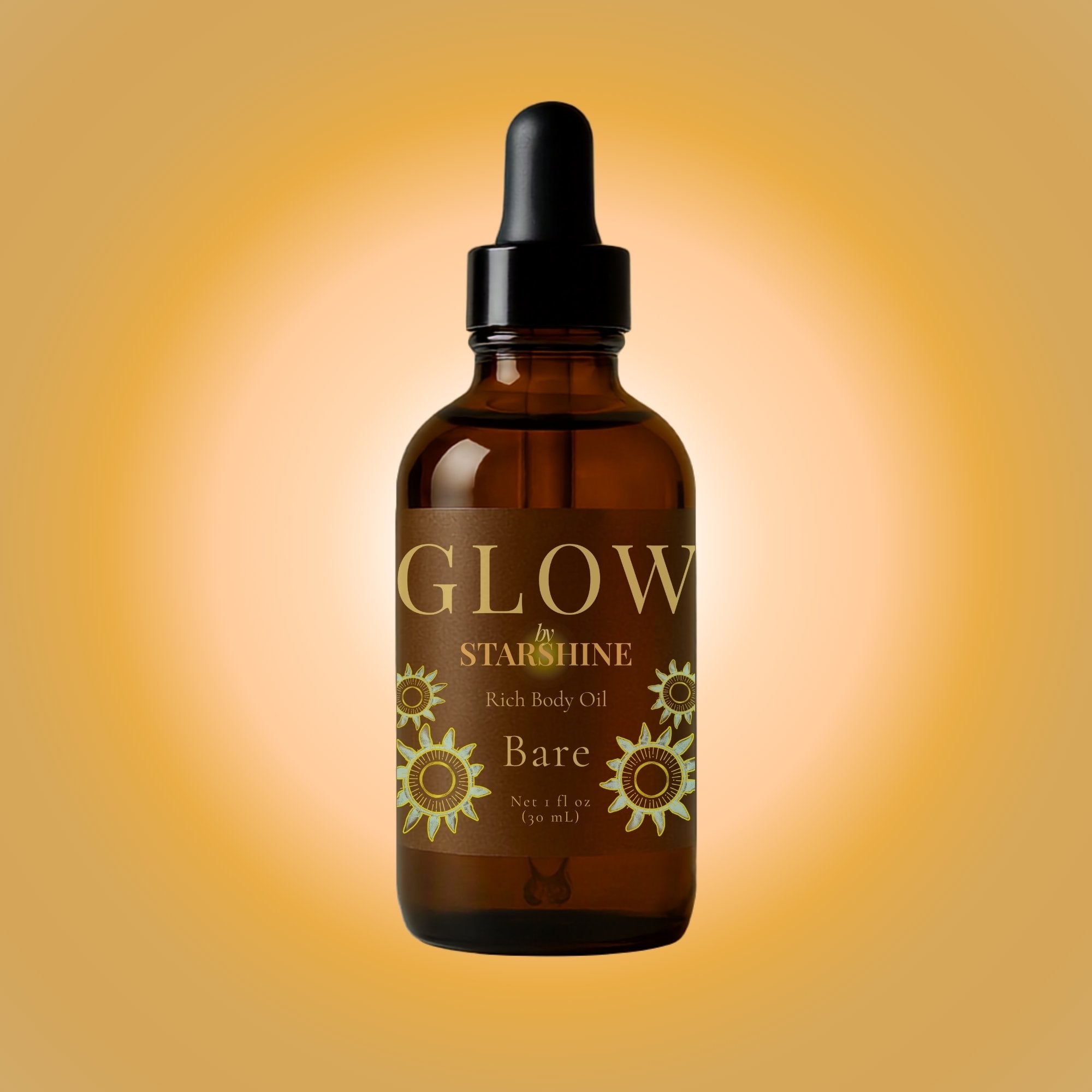 Amber glass bottle of 'Glow by Starshine' rich body oil on a gradient orange background