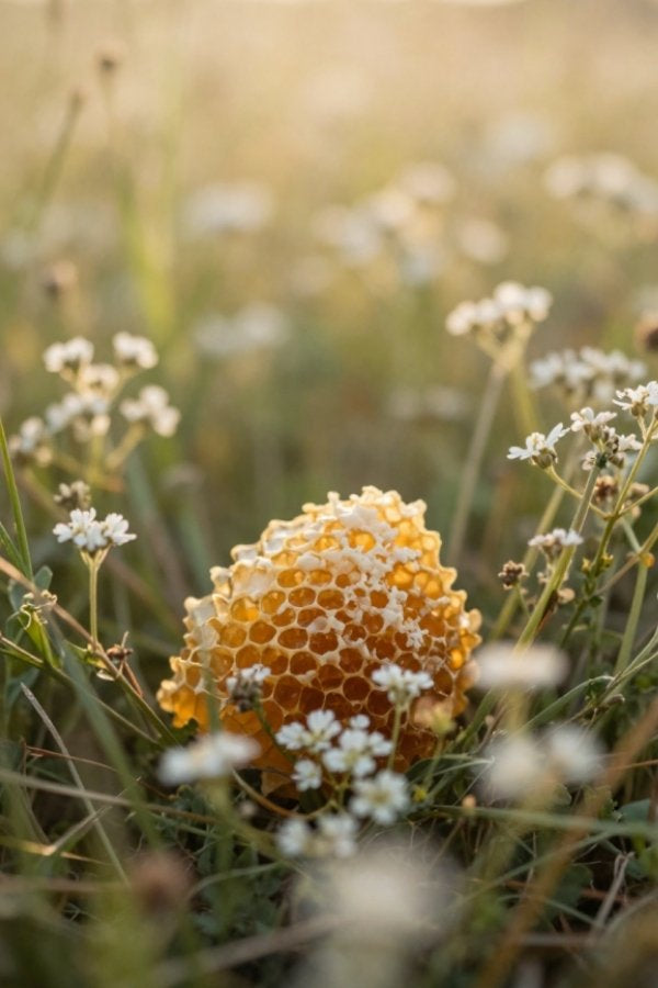 a honeycomb sitting in grass of a meadow surrounded by weeds