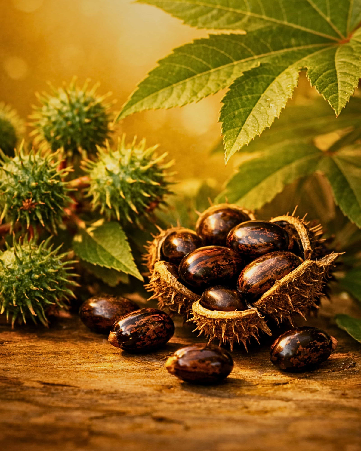 Dark brown castor seeds in a partially opened husk, with green castor leaves and unshelled green pods on a wooden surface against a warm golden background.