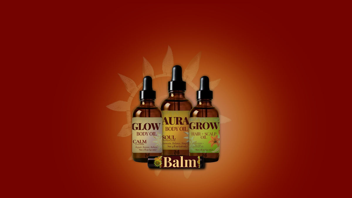 three amber glass dropper bottles over a star graphic that say glow, grow, and aura and a natural lip balm that says balm.