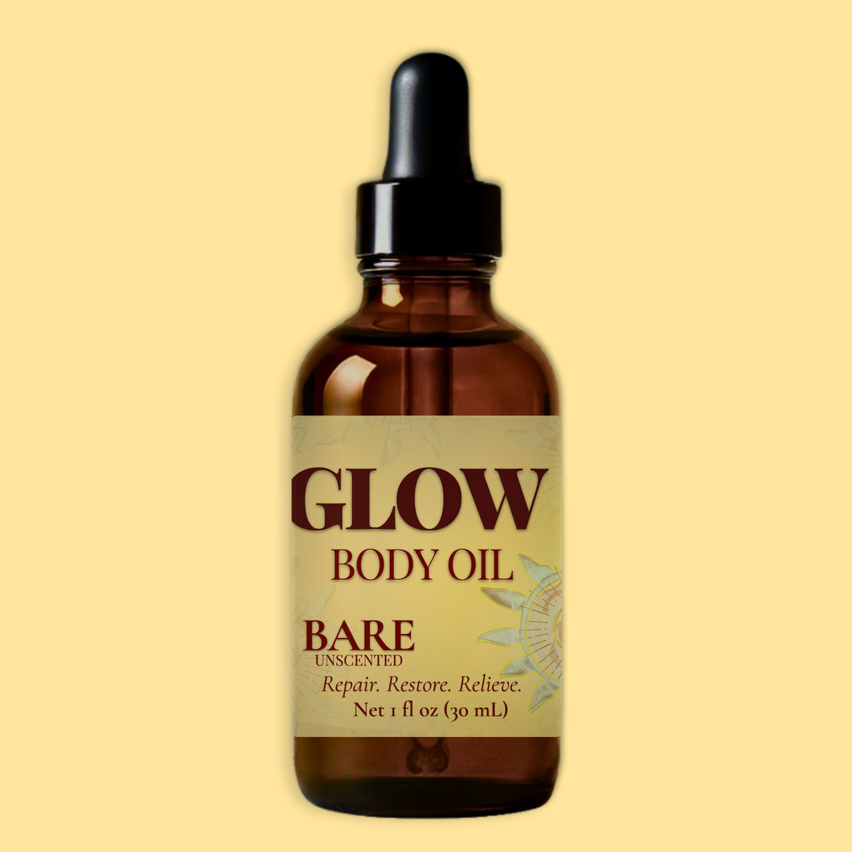 A 1 fl oz amber glass dropper bottle of Glow Body Oil, Bare Unscented, centered against a solid pale yellow background.