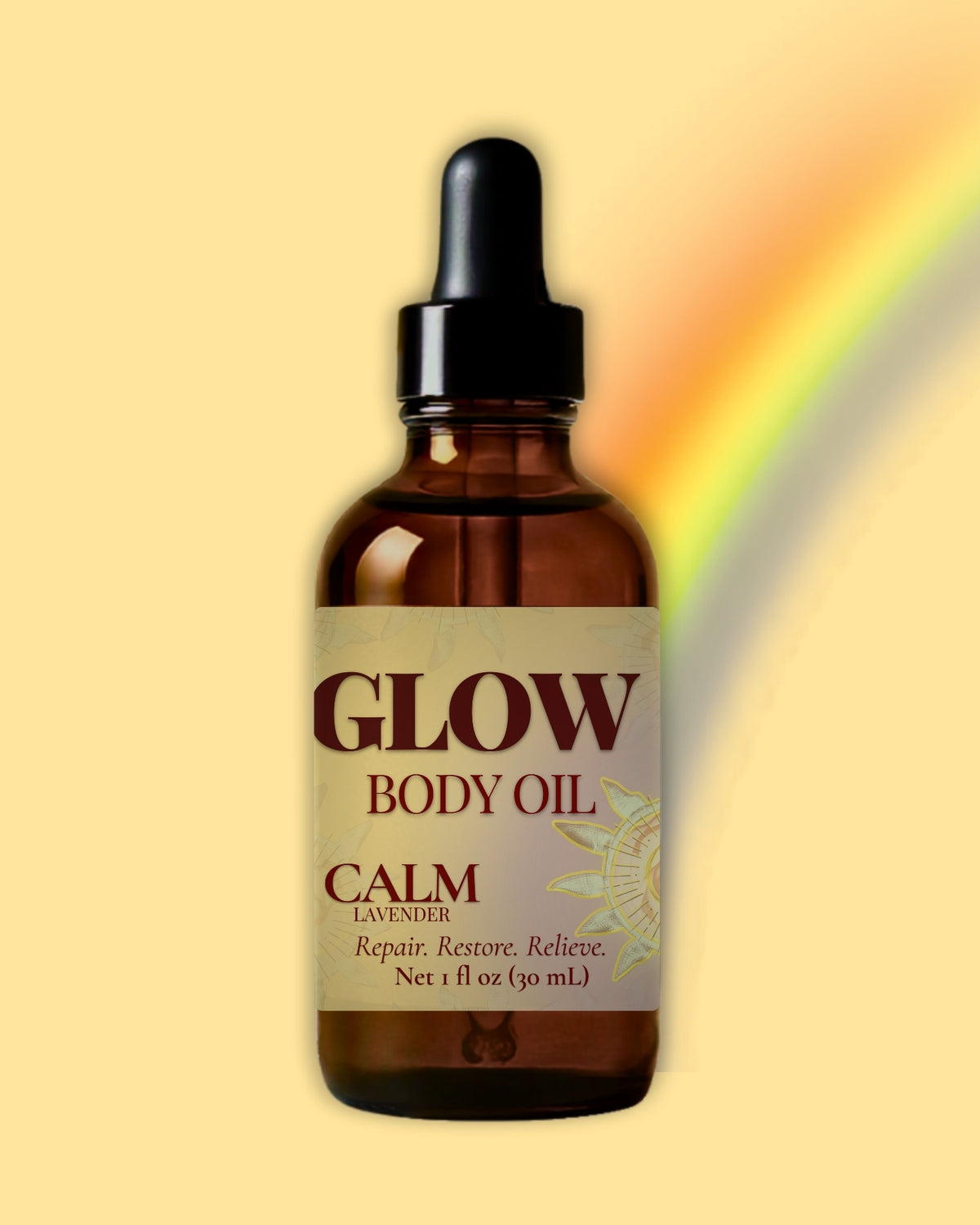 A 1 fl oz amber glass dropper bottle of Glow Body Oil, Calm Lavender variant byStarshine for repairing dry skin, set against a pale yellow background with a soft rainbow arch on the right.
