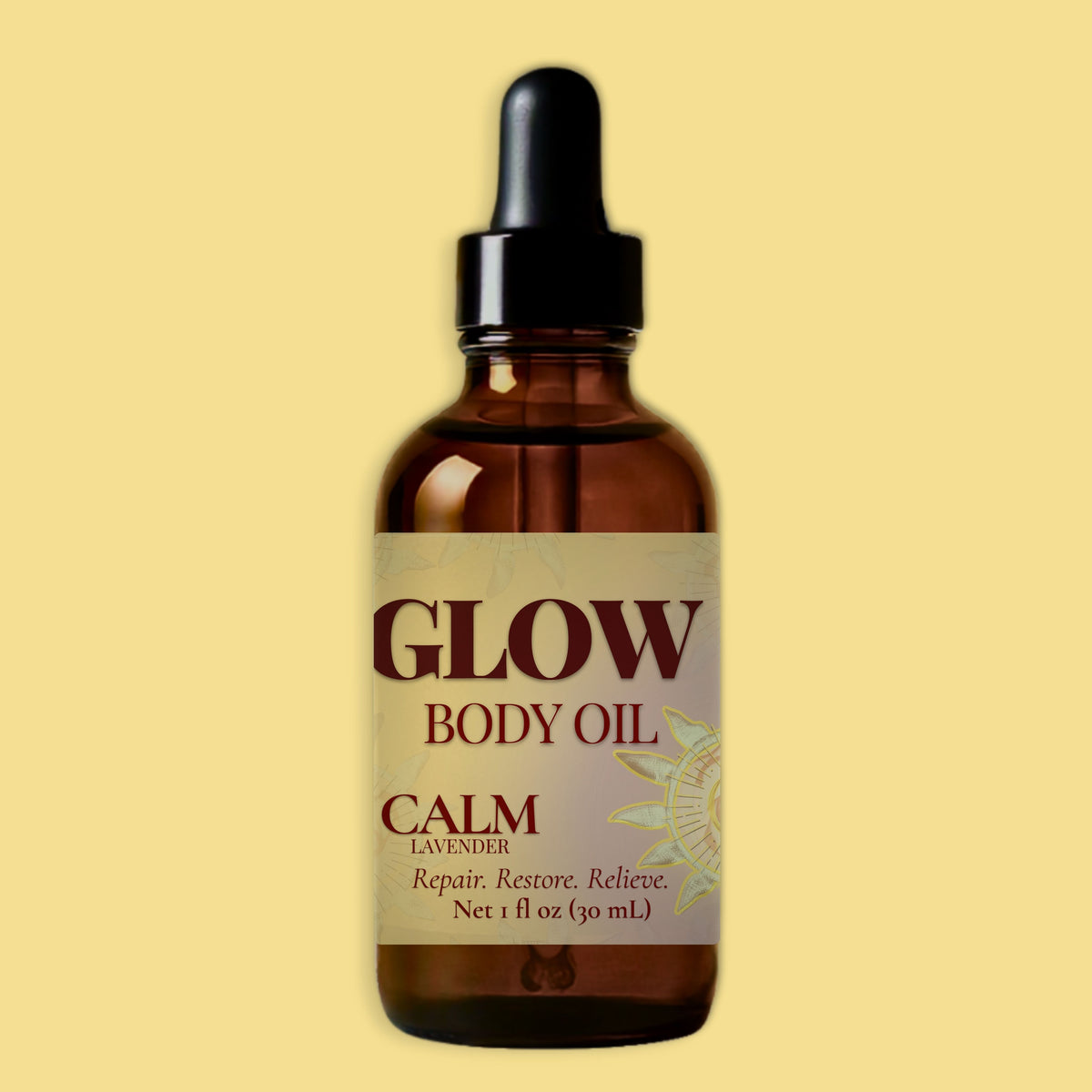 A 1 fl oz amber glass dropper bottle of Glow Body Oil, Calm Lavender, centered against a solid pale yellow background.