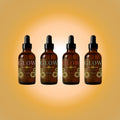 Four brown glass bottles labeled 'GLOW' on a gradient yellow background