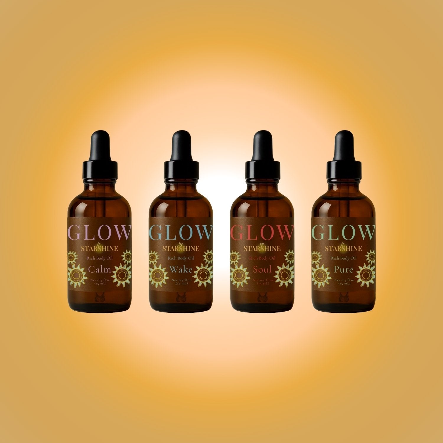 Four brown glass bottles labeled 'GLOW' on a gradient yellow background