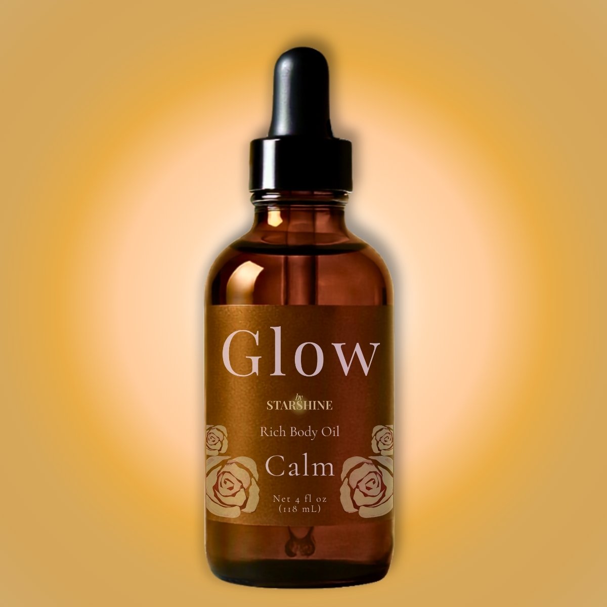 A 4 fl oz amber glass dropper bottle of bySTARSHINE Glow lavender-scented Rich Body Oil, labeled 'Calm', set against a warm yellow-gold gradient background.