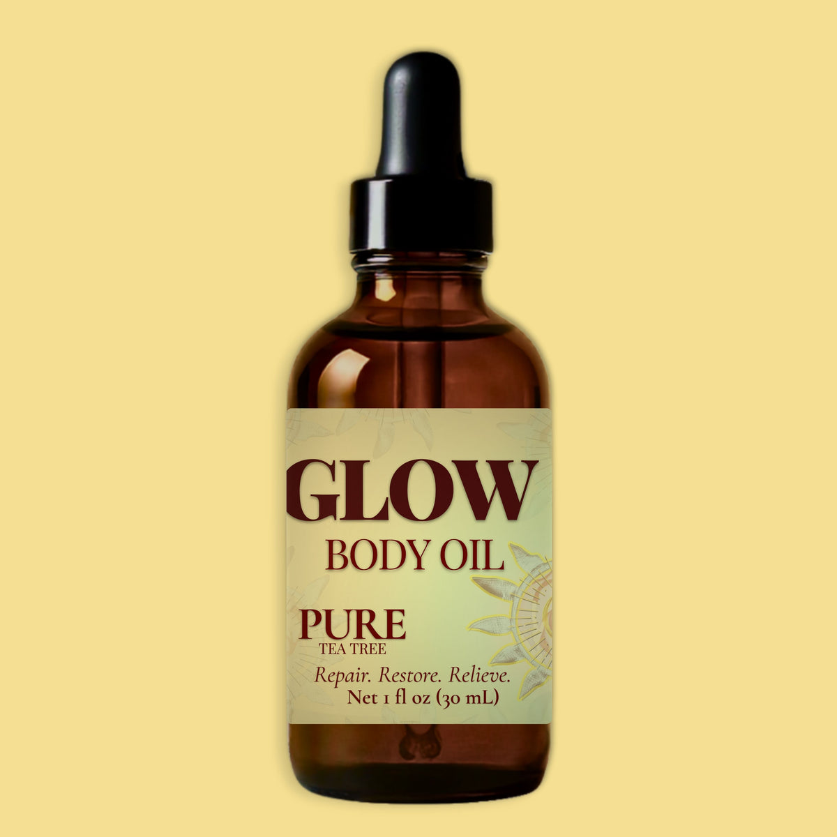 A 1 fl oz amber glass dropper bottle of Glow Body Oil Pure Tea Tree, set against a solid pale yellow background.