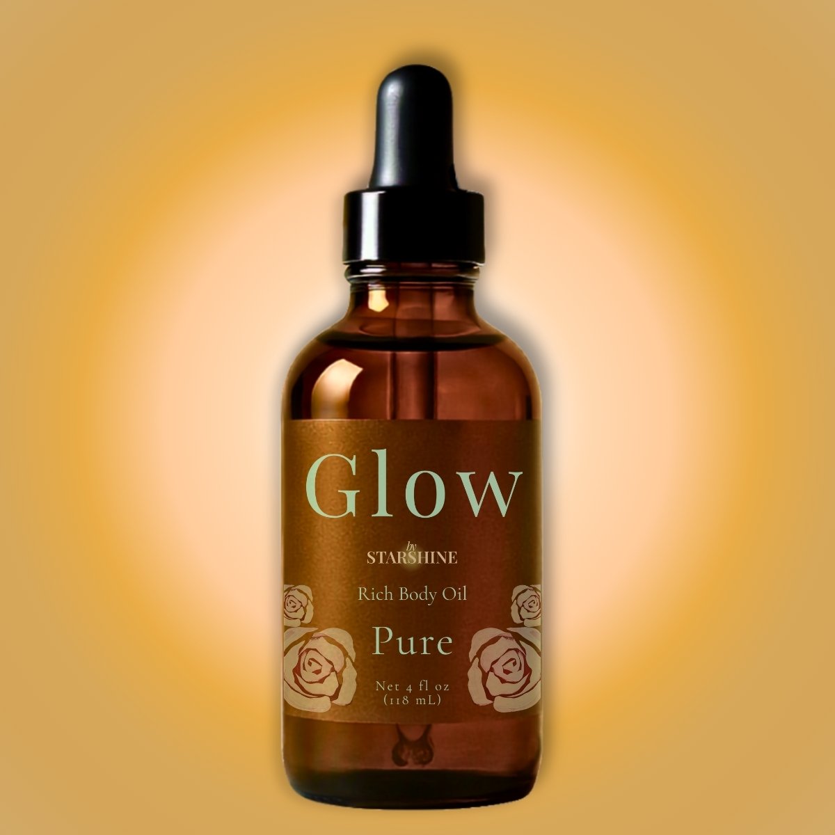 A 4 fl oz amber glass dropper bottle of Starshine Glow Pure Tea Tree Rich Body Oil, featuring a black dropper cap and a brown label with rose illustrations, set against a warm yellow gradient background.