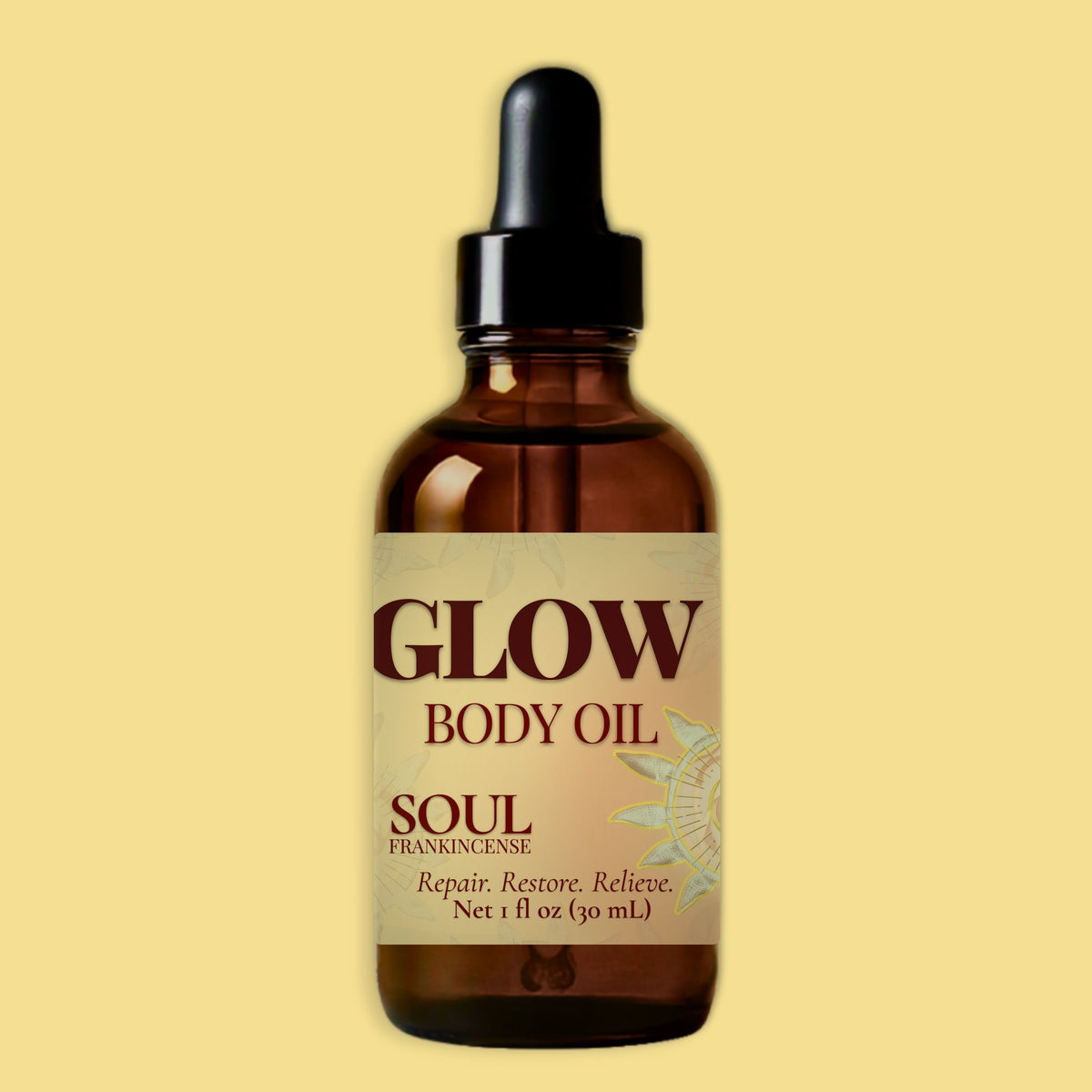 A 1 fl oz amber glass dropper bottle of Glow Body Oil in the 'Soul Frankincense' scent, set against a solid pale yellow background.