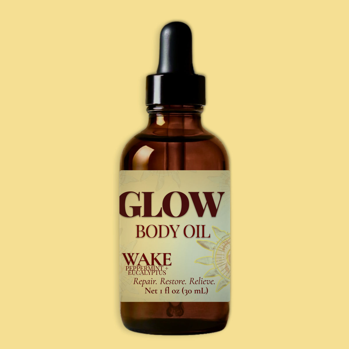 A 1 fl oz amber glass dropper bottle of Glow Body Oil by Wake Ecosystems, set against a solid pale yellow background.