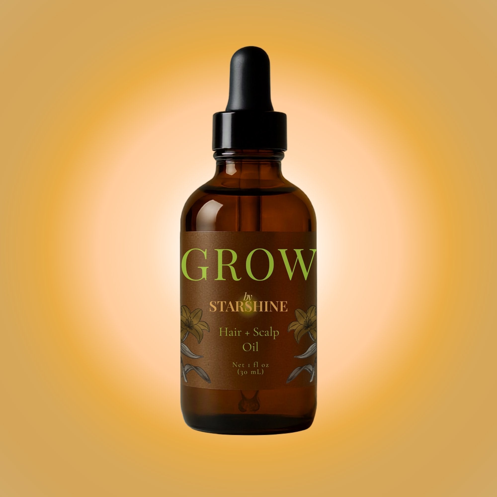 Brown glass bottle of 'Grow by Starshine' hair and scalp oil on a gradient orange background