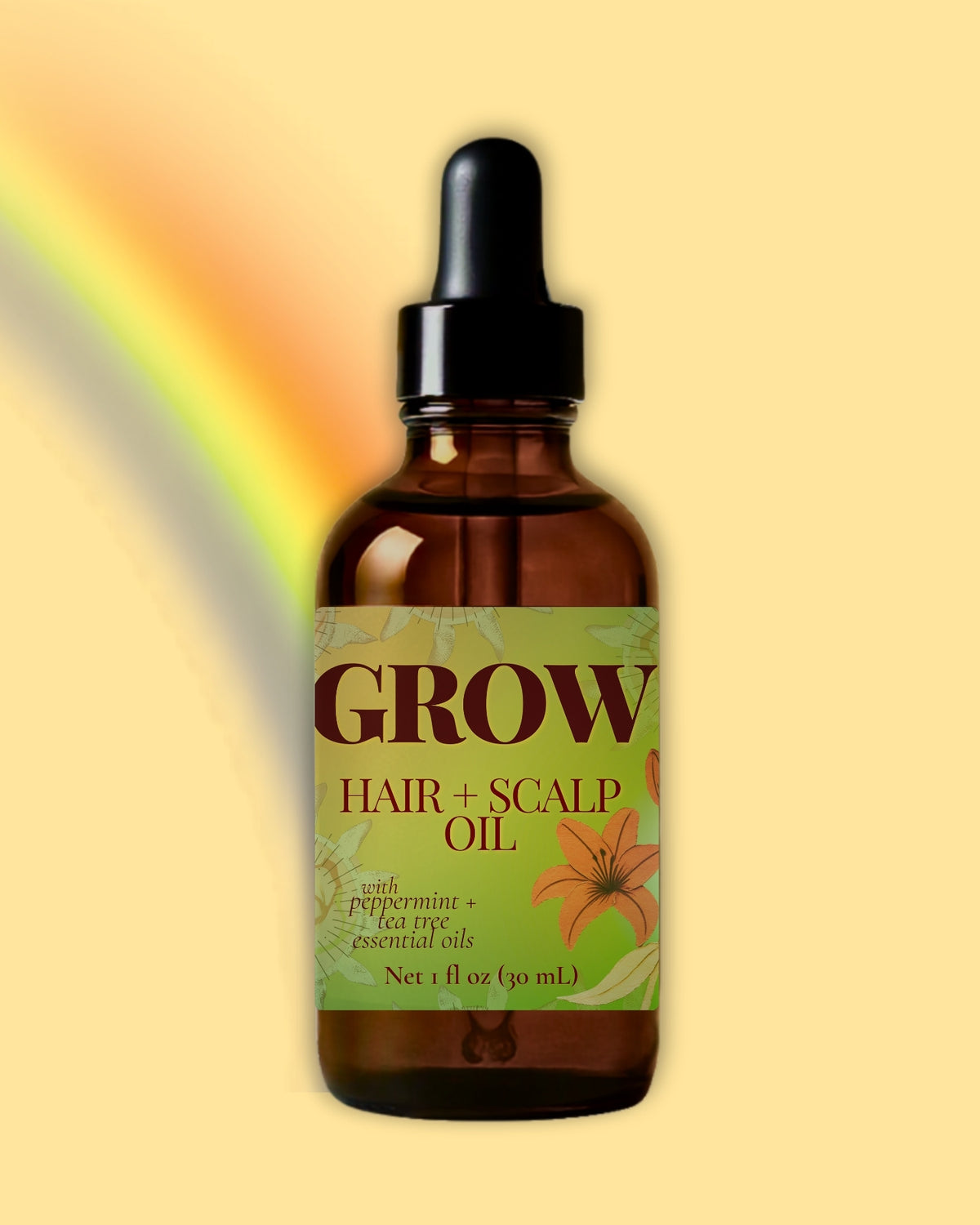A 1 fl oz amber glass dropper bottle of GROW Hair + Scalp Oil byStarshine with a black dropper cap and a green label, set against a pale yellow background with a soft rainbow arc on the left.