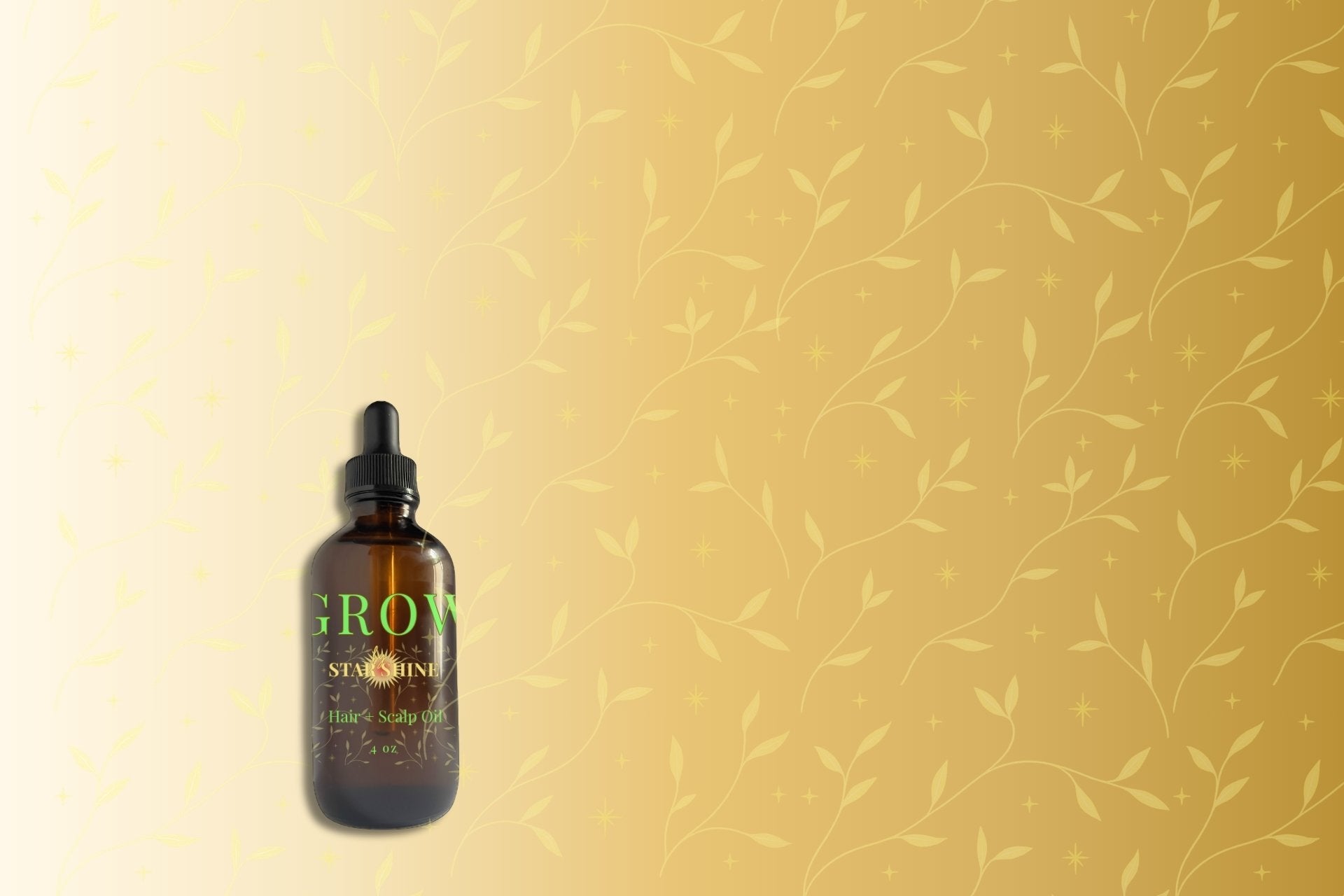 Bottle of 'Glow' skincare serum on a gold background with leaf patterns