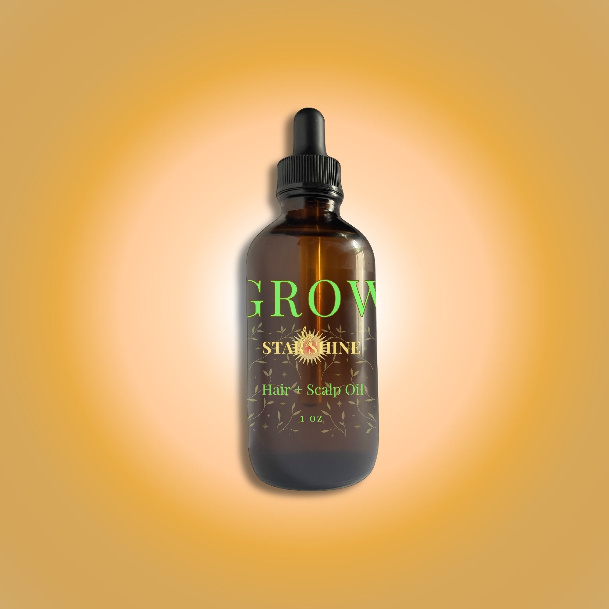 Bottle of 'GLOW Starshine' rich body oil on a gradient orange background