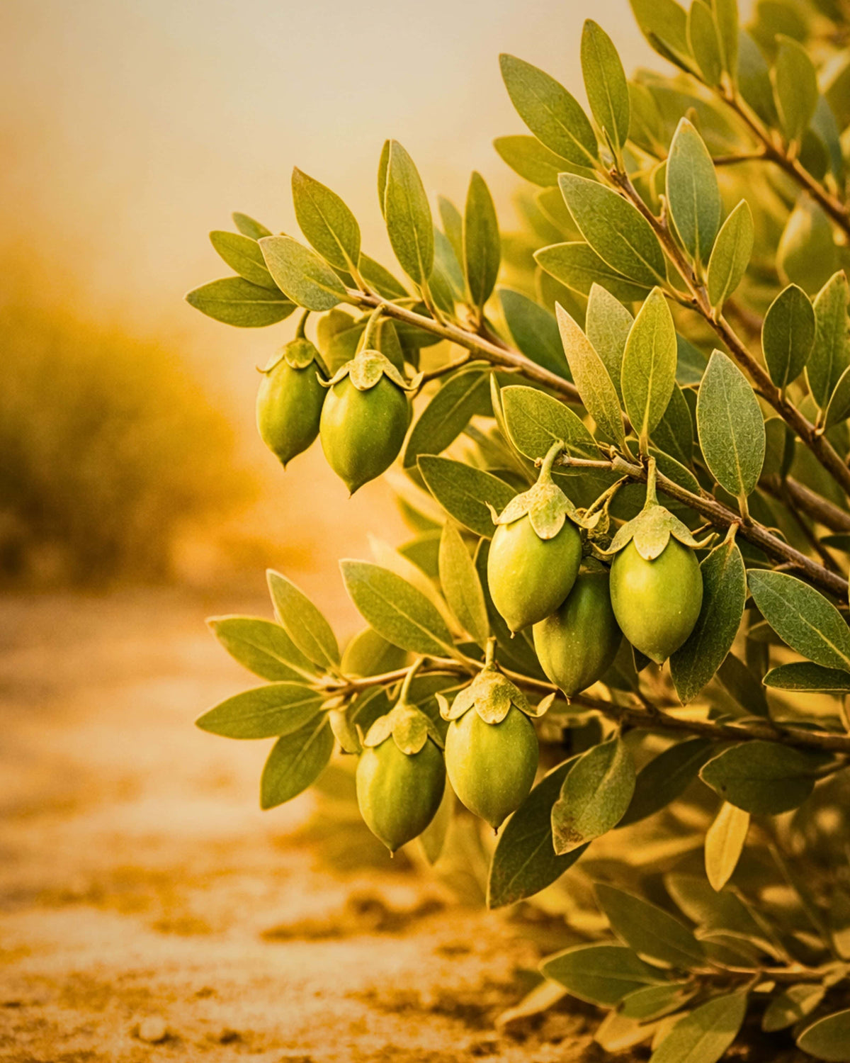 Green jojoba beans hanging from a leafy branch in warm golden sunlight, photographed outdoors against a softly blurred background.
