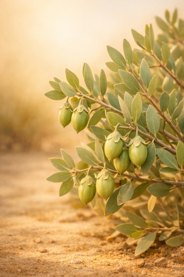 Green fruits on a branch with a warm, blurred background