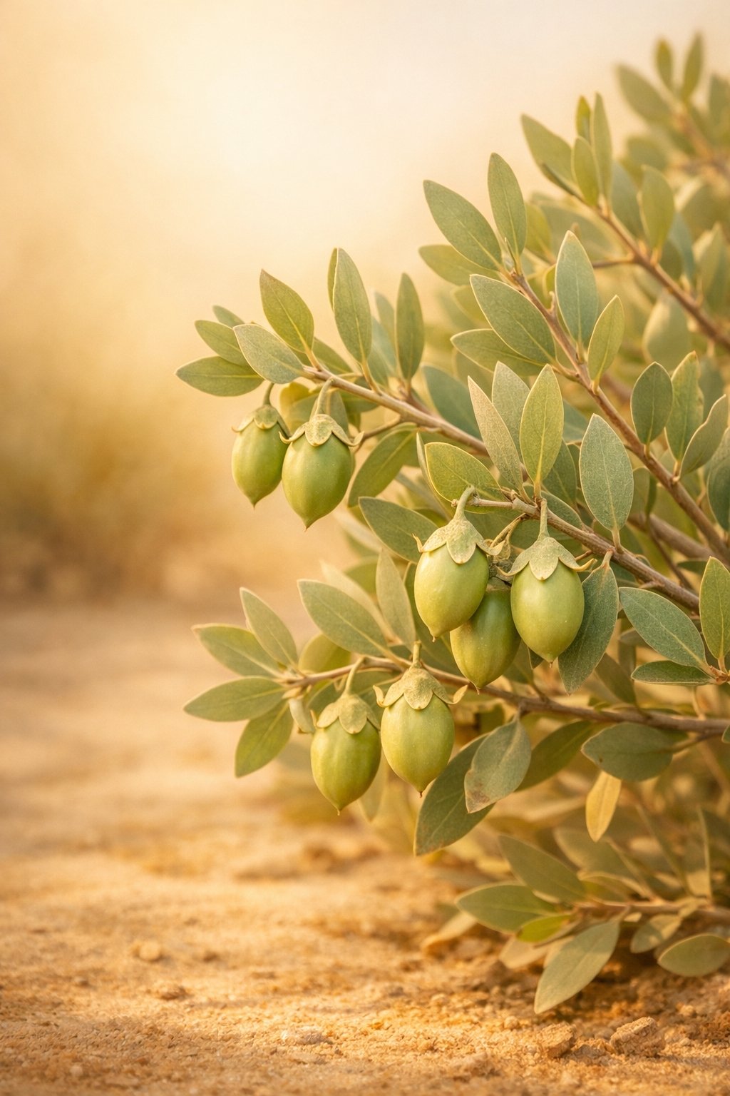 Green fruits on a branch with a warm, blurred background