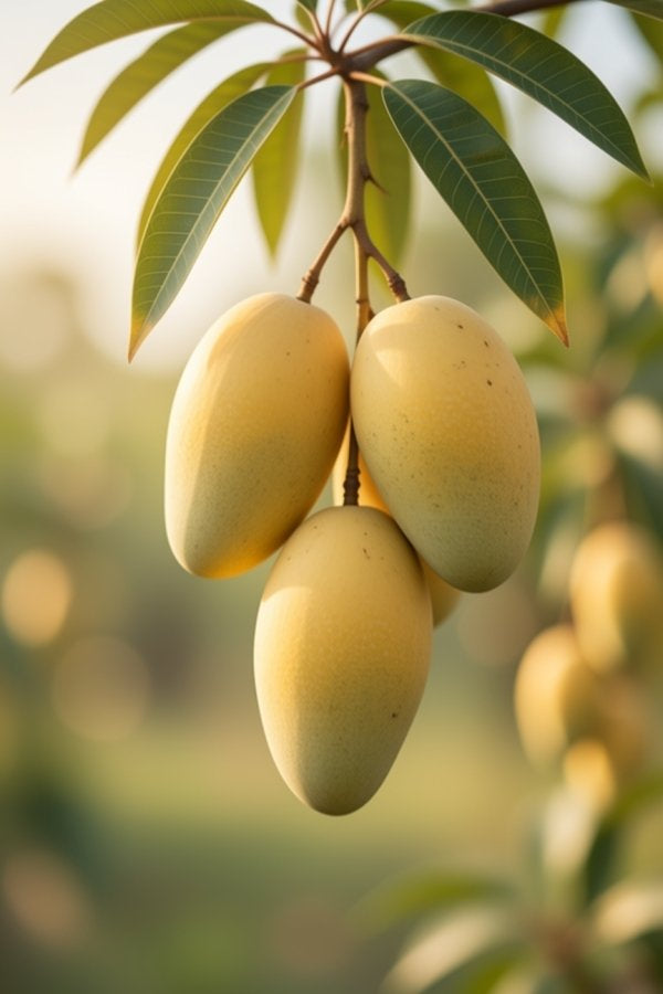 an image of mangoes hanging from a mango tree with a blurred nature scene in the background