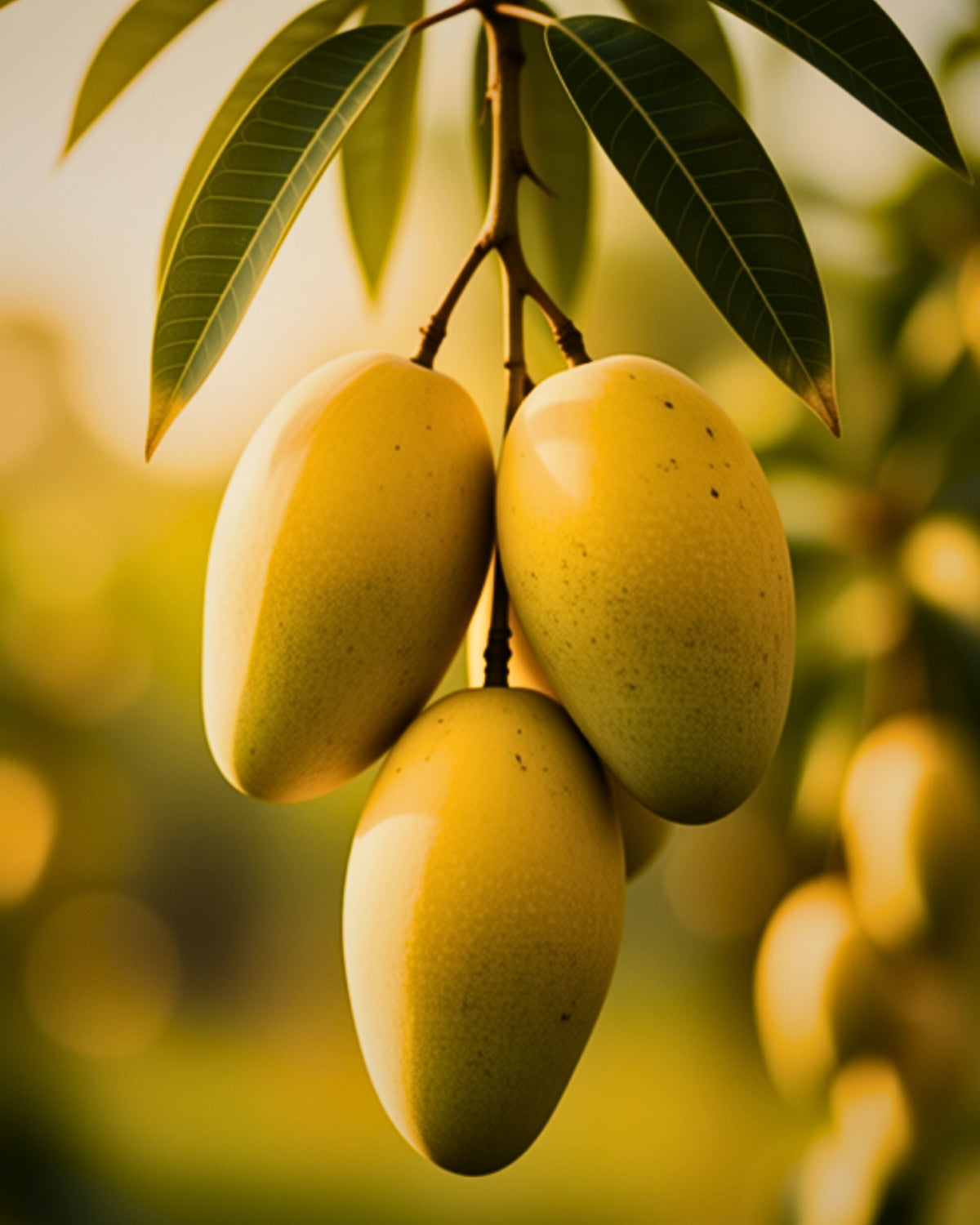 Three ripe yellow-green mangoes hanging from a branch with green leaves, set against a warm, blurred golden background. bystarshine