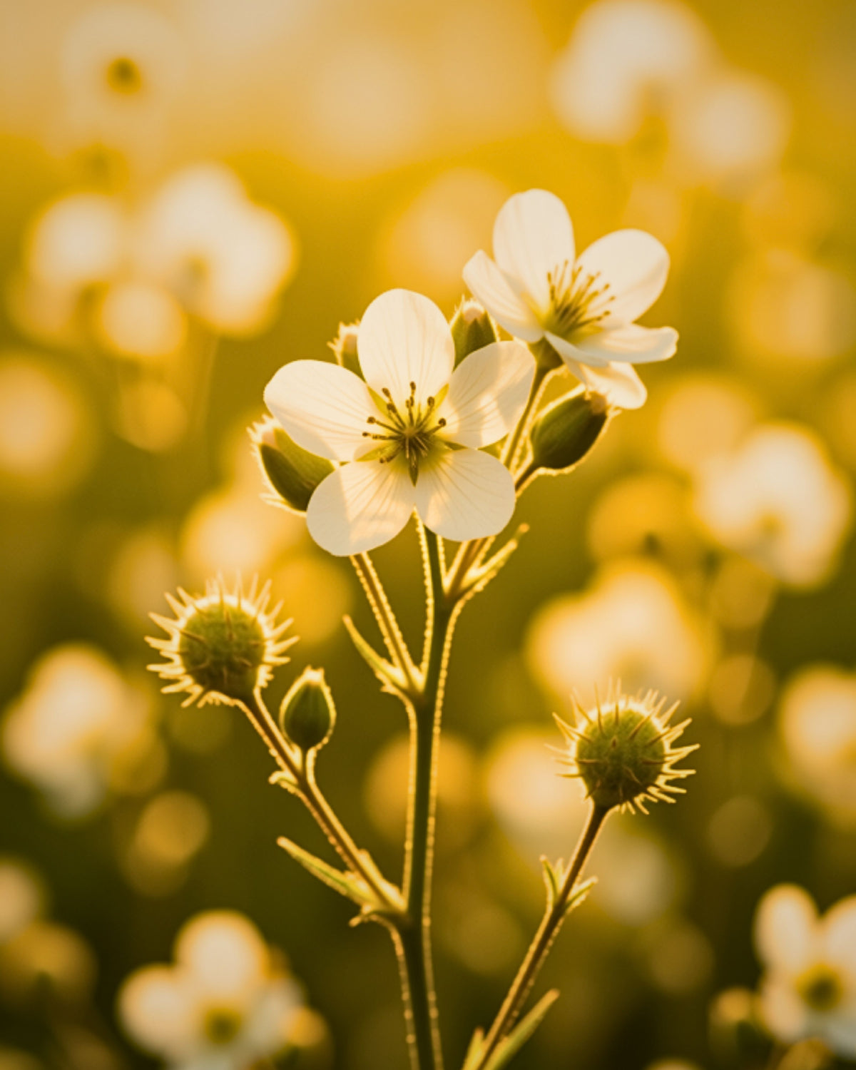 Close-up of delicate whitemeadowfoam seed flowers with yellow centers on thin stems, set against a warm golden-yellow blurred background of more flowers. bystarshine