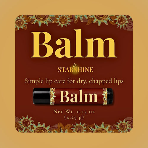 A square product card for Starshine Balm lip balm on a warm tan background. The card is dark reddish brown with ornate floral border illustrations and large gold text reading 'Balm' and smaller white text reading 'by STARSHINE' and 'Simple lip care for dry, chapped lips.
