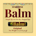 byStarshine Balm Original lip balm packaging shown on a pale yellow background. The square cream-colored box features large dark red 'Balm' text, smaller red copy, and a small horizontal tube of black balm with yellow 'Balm' lettering and floral decoration.