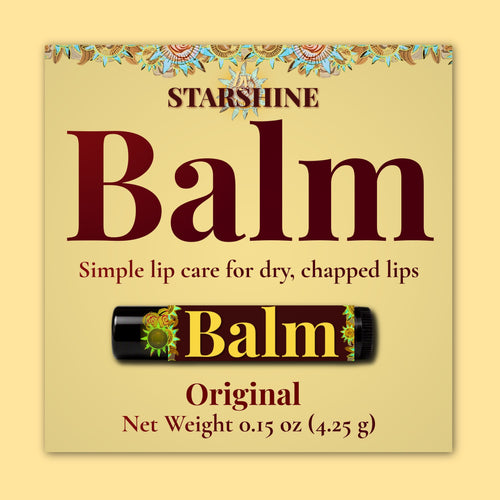 byStarshine Balm Original lip balm packaging shown on a pale yellow background. The square cream-colored box features large dark red 'Balm' text, smaller red copy, and a small horizontal tube of black balm with yellow 'Balm' lettering and floral decoration.