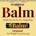 ByStarshine Balm Original lip balm packaging graphic on a pale yellow background, with a small illustrated tube of black balm and text reading 'Simple lip care for dry, chapped lips' and 'Net Weight 0.15 oz (4.25 g)