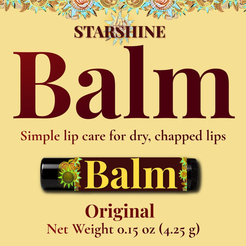 ByStarshine Balm Original lip balm packaging graphic on a pale yellow background, with a small illustrated tube of black balm and text reading 'Simple lip care for dry, chapped lips' and 'Net Weight 0.15 oz (4.25 g)
